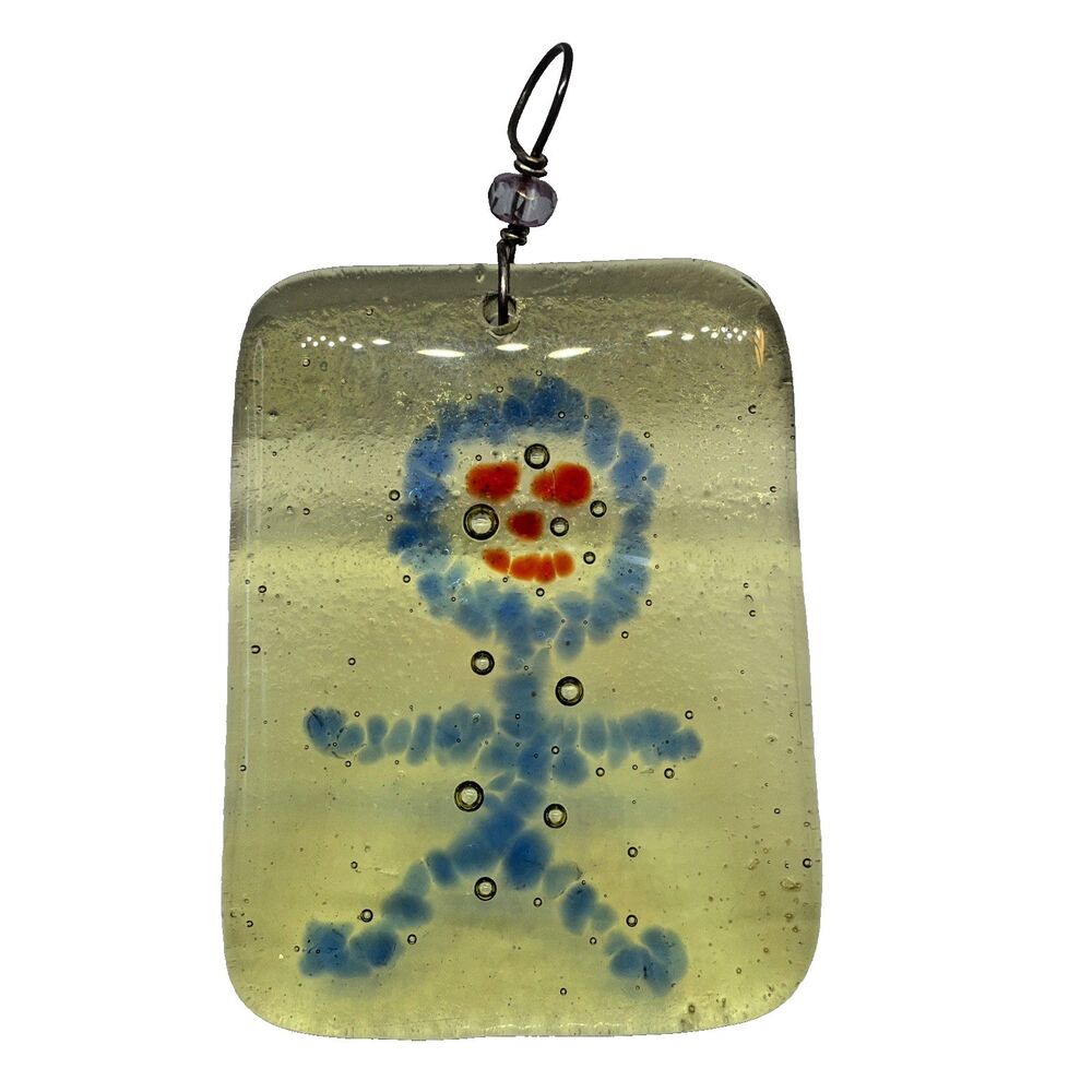 Vintage Y2K Handmade Fused Glass Pendant Yellow Folk Art Stick Figure Unique
